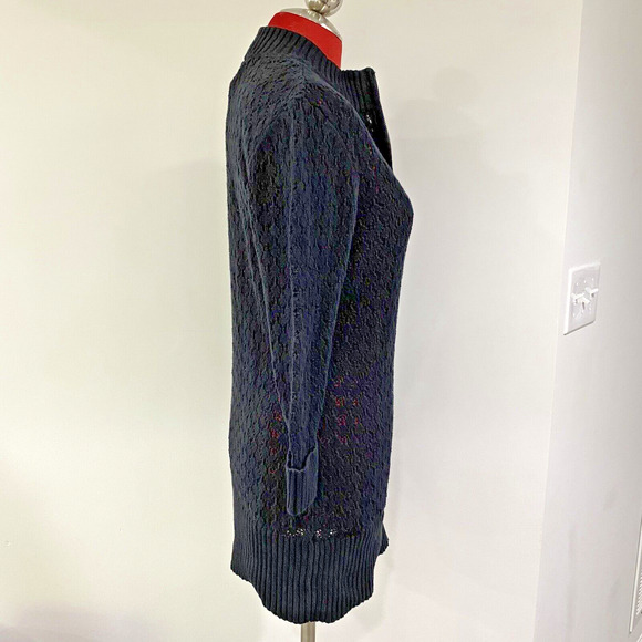 Adolfo Black M Lacy Knit Tunic Sweater Mini Dress Quarter Zip Ribbed Hem Cotton - Picture 9 of 10